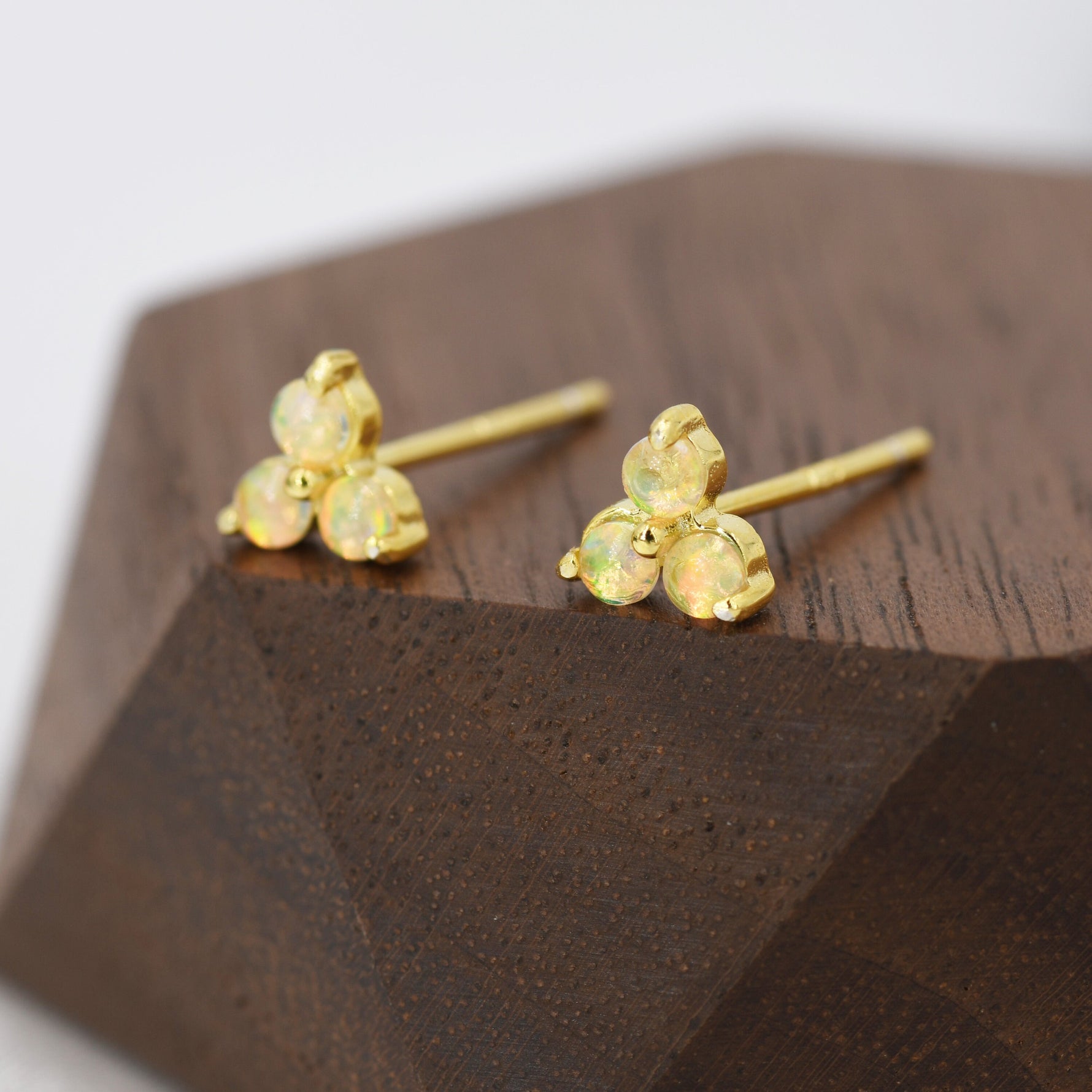 Opal Trio Stud Earrings in Sterling Silver, Silver, Gold or Rose Gold, Dainty Three Dot Opal Earrings