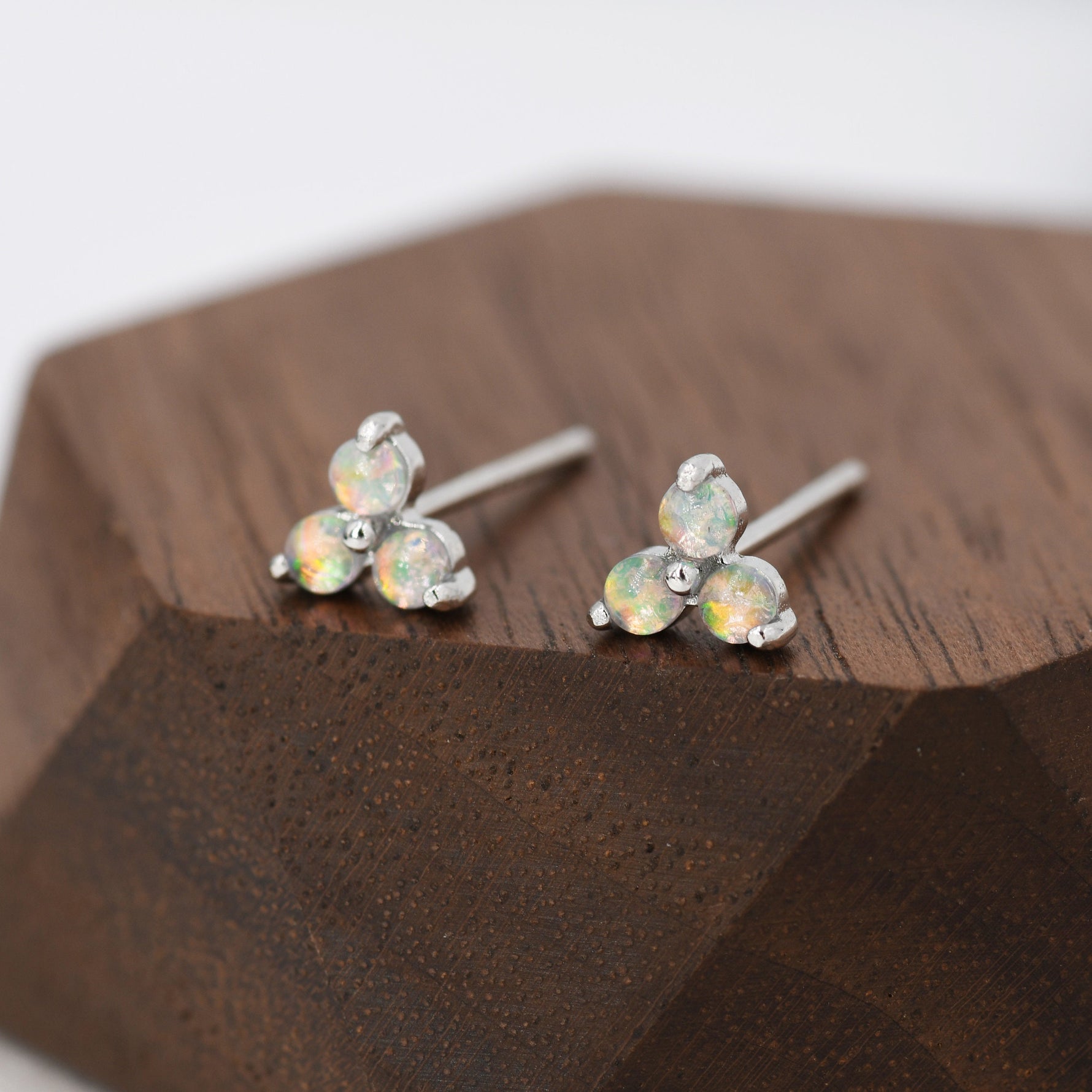 Opal Trio Stud Earrings in Sterling Silver, Silver, Gold or Rose Gold, Dainty Three Dot Opal Earrings