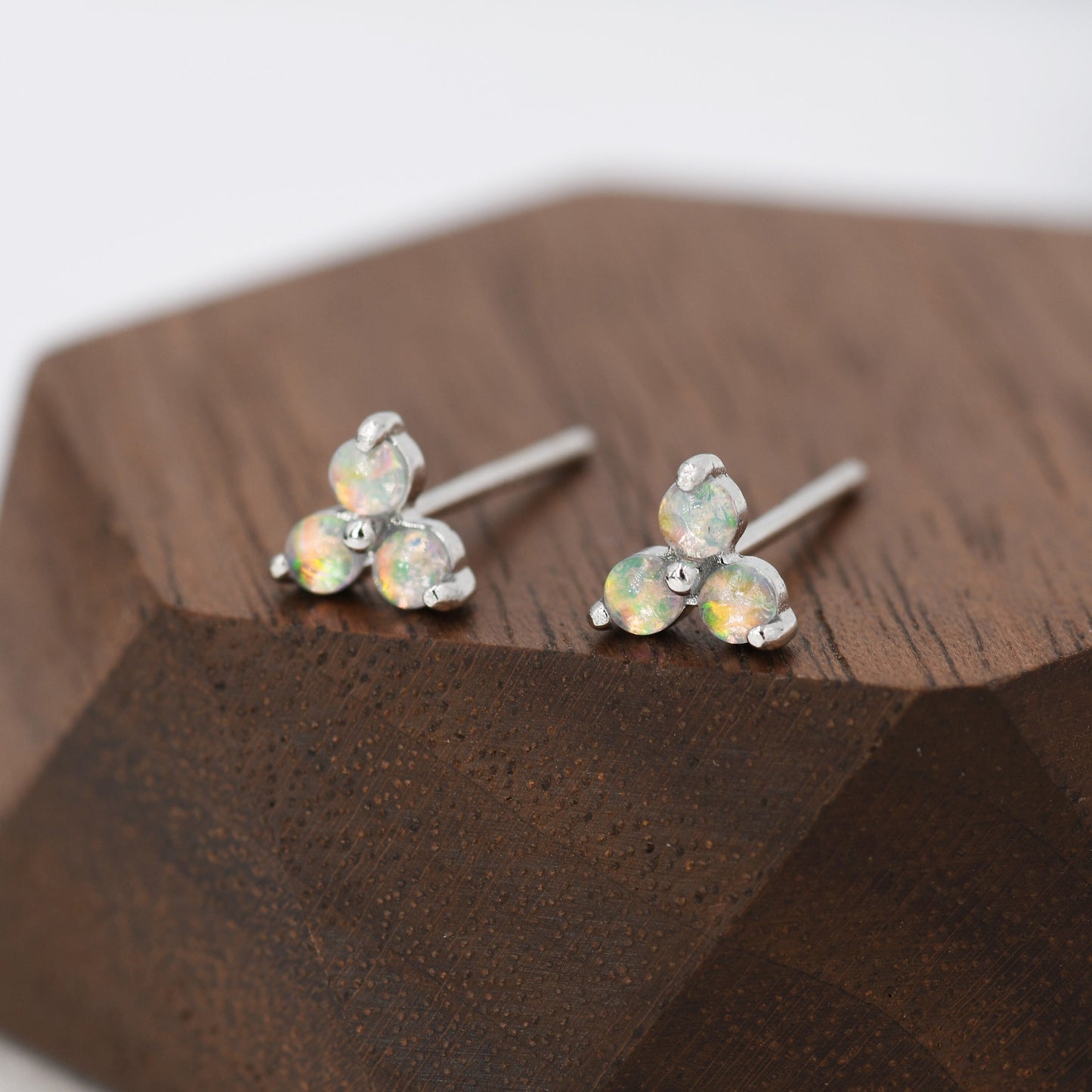 Opal Trio Stud Earrings in Sterling Silver,  Silver, Gold or Rose Gold,  Dainty Three Dot Opal Earrings