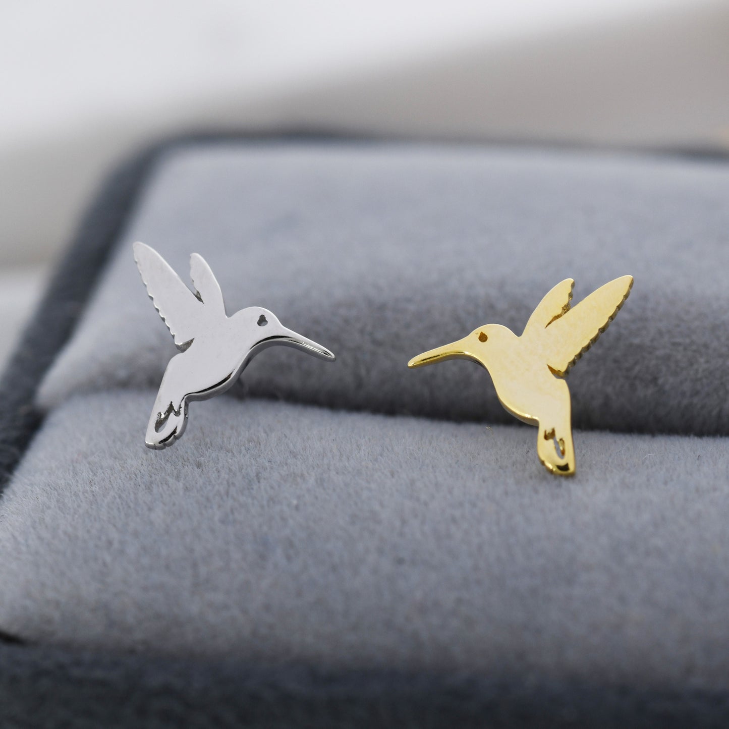 Hummingbird Stud Earrings in Sterling Silver, Silver or Gold, Flying Bird Earrings, Nature Inspired Animal Earrings