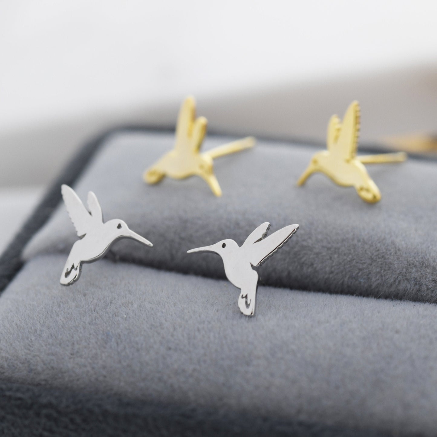 Hummingbird Stud Earrings in Sterling Silver, Silver or Gold, Flying Bird Earrings, Nature Inspired Animal Earrings