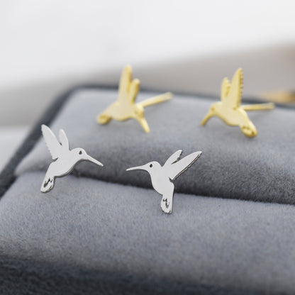 Hummingbird Stud Earrings in Sterling Silver, Silver or Gold, Flying Bird Earrings, Nature Inspired Animal Earrings