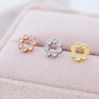 Sterling Silver Tiny CZ Circle Wreath Stud Earrings, Silver, Gold or Rose Gold, Tiny CZ Circle Earrings