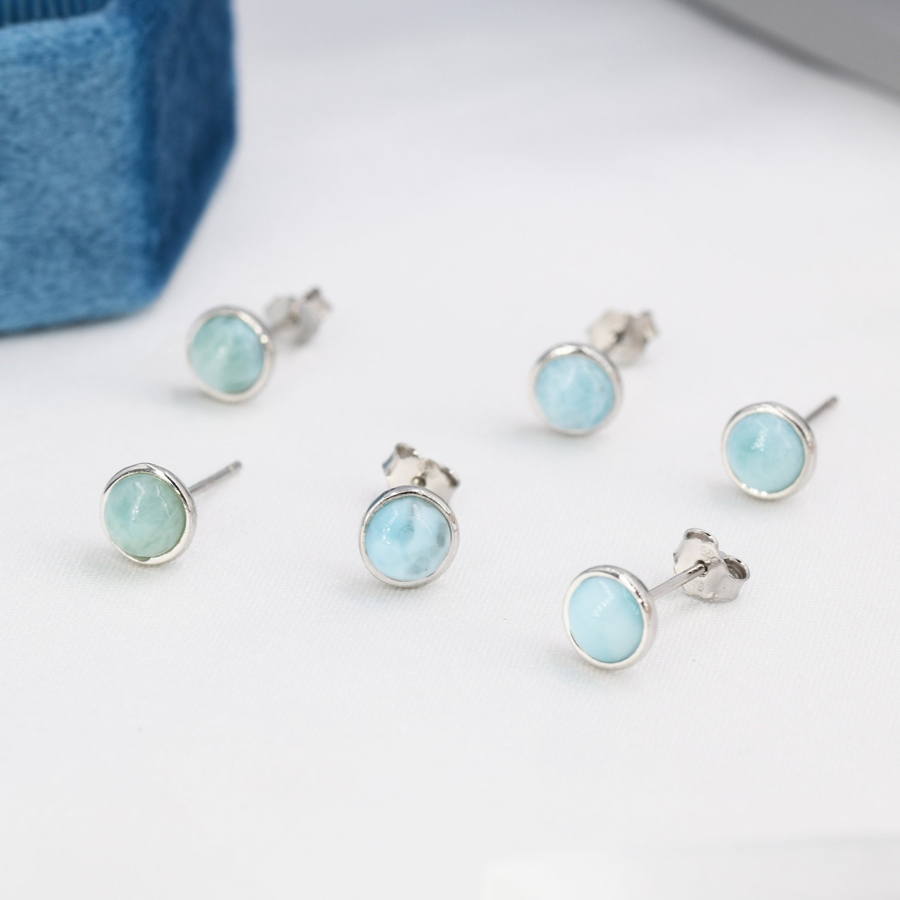 Genuine Larimar Stone Stud Earrings in Sterling Silver, Blue Larimar Stud, Natural Semi-Precious Gemstones, 5mm, Bezel, Minimalist Earrings