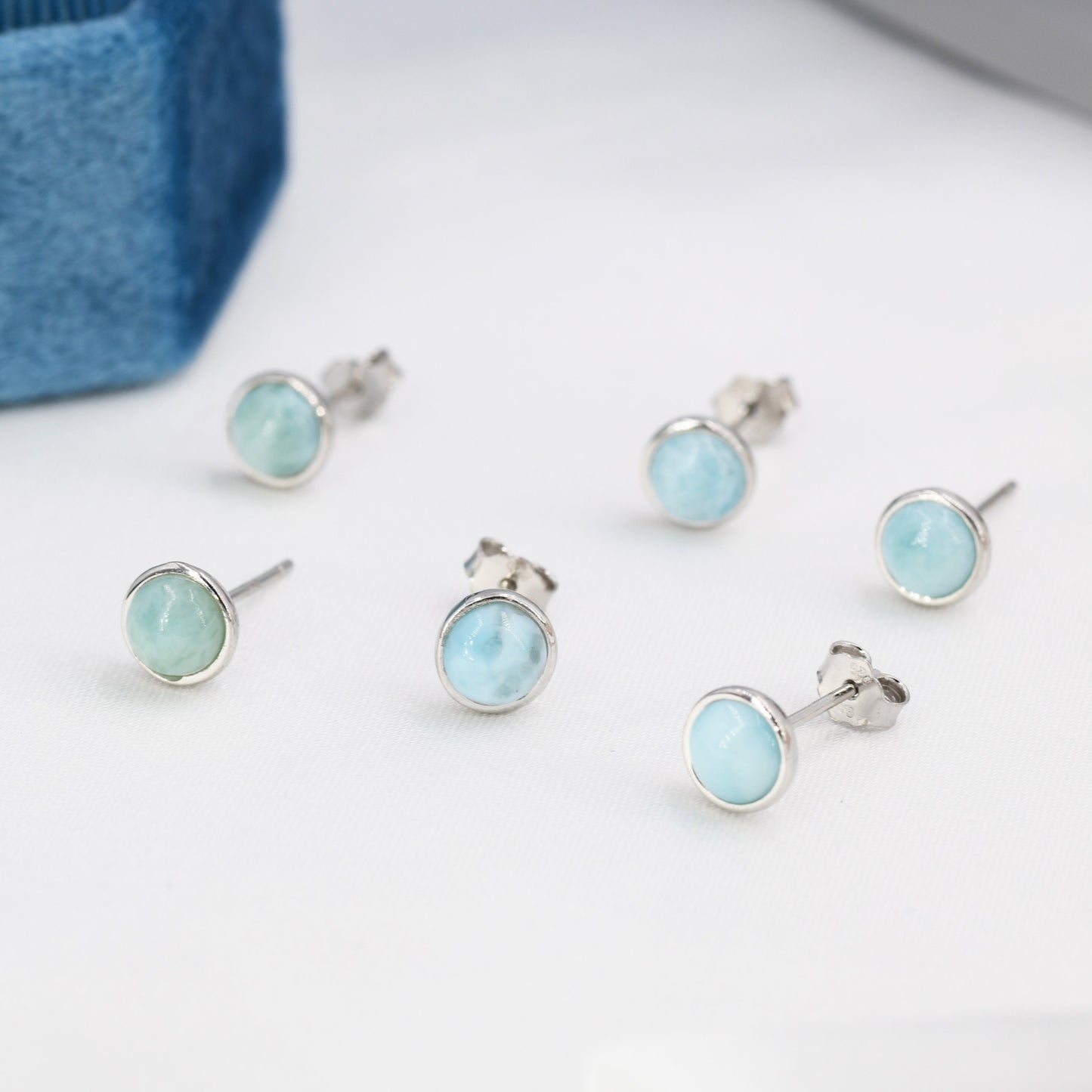 Genuine Larimar Stone Stud Earrings in Sterling Silver, Blue Larimar Stud, Natural Semi-Precious Gemstones, 5mm, Bezel, Minimalist  Earrings