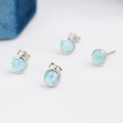 Genuine Larimar Stone Stud Earrings in Sterling Silver, Blue Larimar Stud, Natural Semi-Precious Gemstones, 5mm, Bezel, Minimalist  Earrings