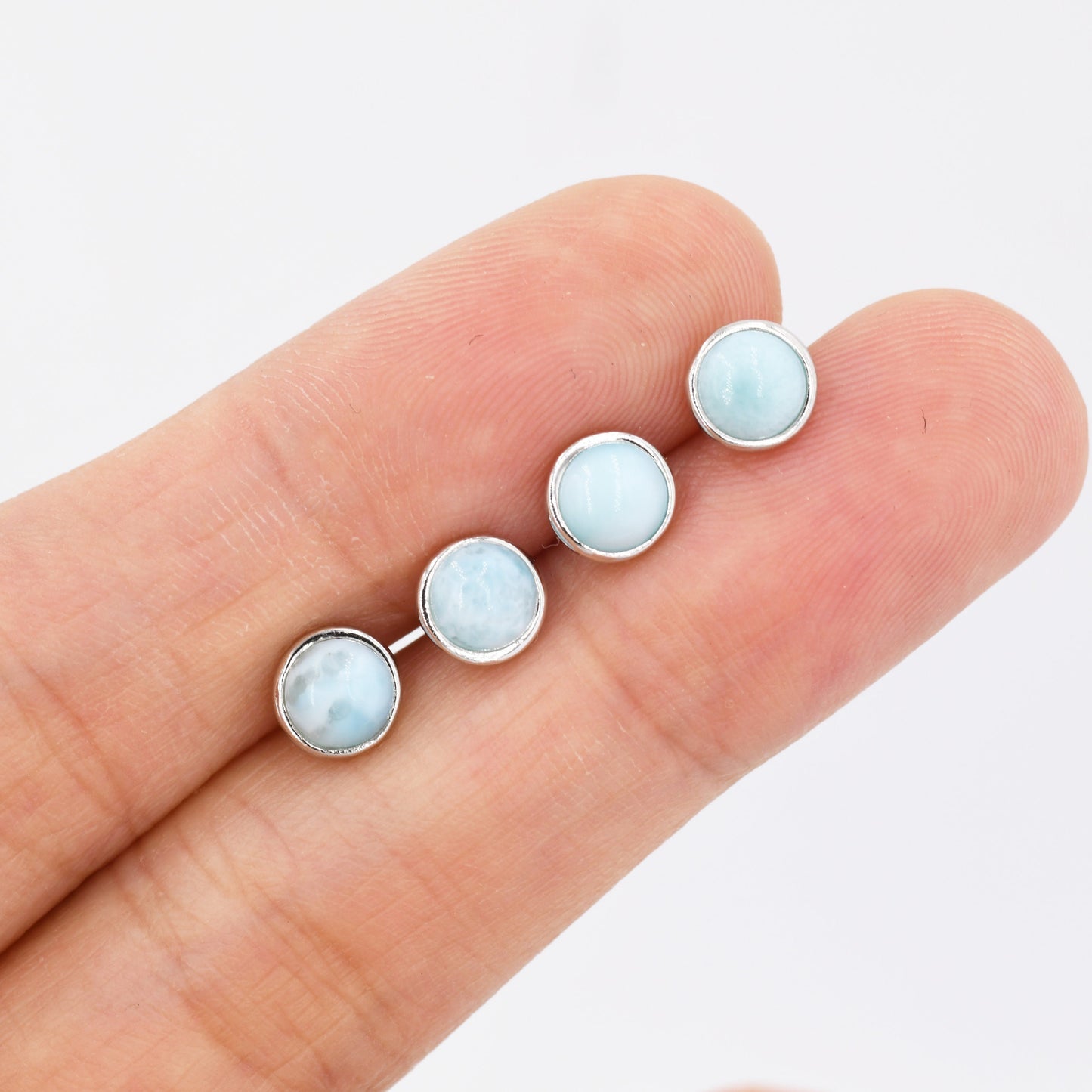 Genuine Larimar Stone Stud Earrings in Sterling Silver, Blue Larimar Stud, Natural Semi-Precious Gemstones, 5mm, Bezel, Minimalist  Earrings