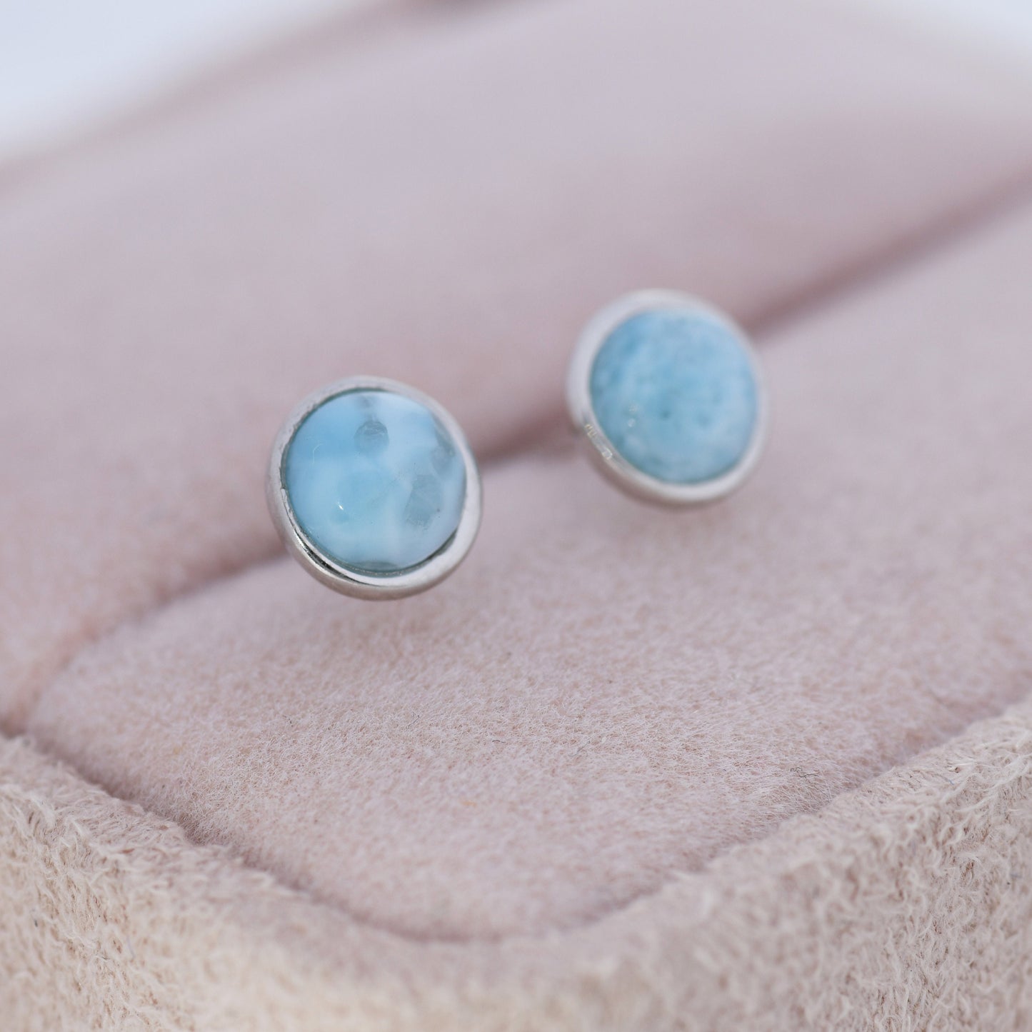 Genuine Larimar Stone Stud Earrings in Sterling Silver, Blue Larimar Stud, Natural Semi-Precious Gemstones, 5mm, Bezel, Minimalist  Earrings