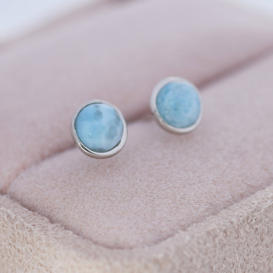 Genuine Larimar Stone Stud Earrings in Sterling Silver, Blue Larimar Stud, Natural Semi-Precious Gemstones, 5mm, Bezel, Minimalist  Earrings