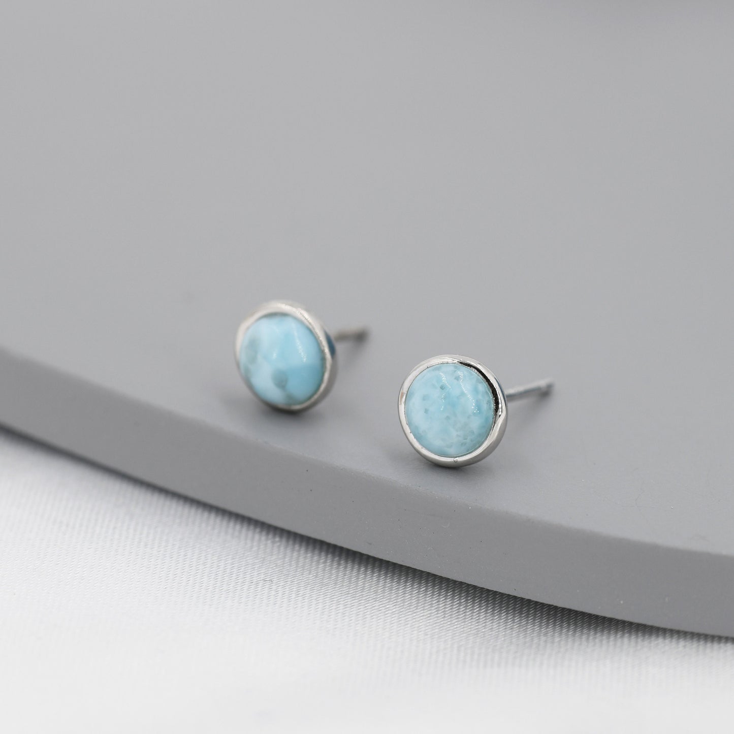 Genuine Larimar Stone Stud Earrings in Sterling Silver, Blue Larimar Stud, Natural Semi-Precious Gemstones, 5mm, Bezel, Minimalist  Earrings