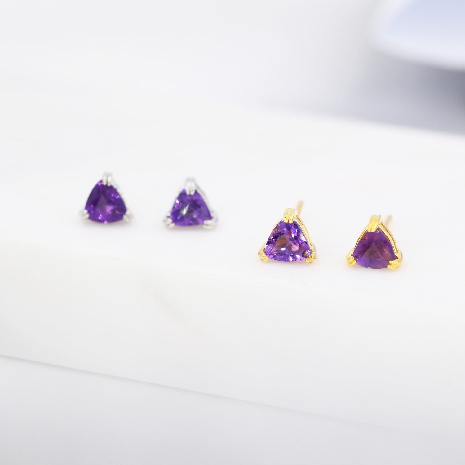 Genuine Amethyst Stud Earrings in Sterling Silver, Silver or Gold, Trillion Cut Purple Amethyst Earrings, Double Pronged