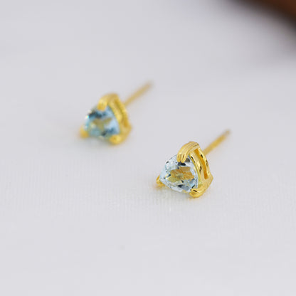 Genuine Blue Topaz Stud Earrings in Sterling Silver, Silver or Gold, Trillion Cut Natural Swiss Blue Topaz Earrings, Double Pronged