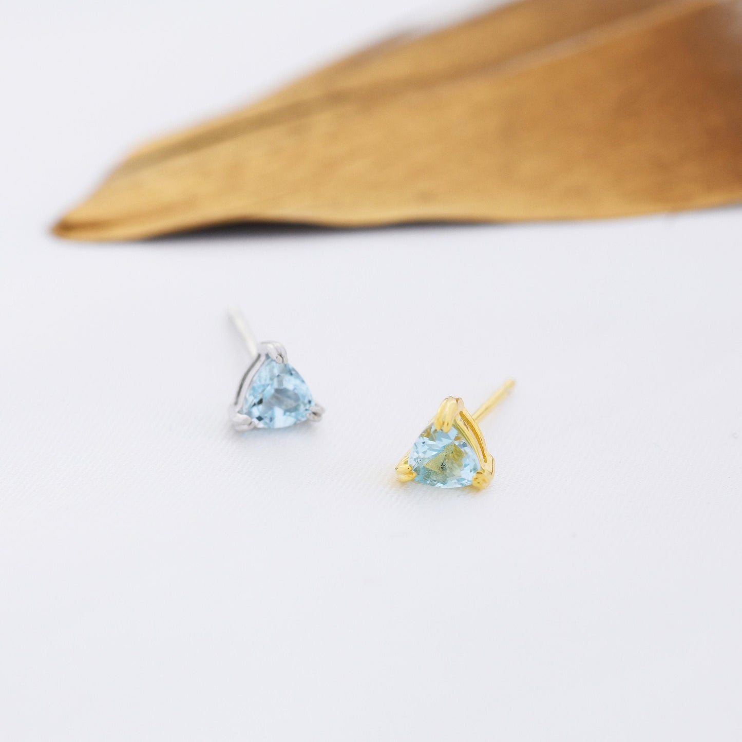 Genuine Blue Topaz Stud Earrings in Sterling Silver, Silver or Gold, Trillion Cut Natural Swiss Blue Topaz Earrings, Double Pronged