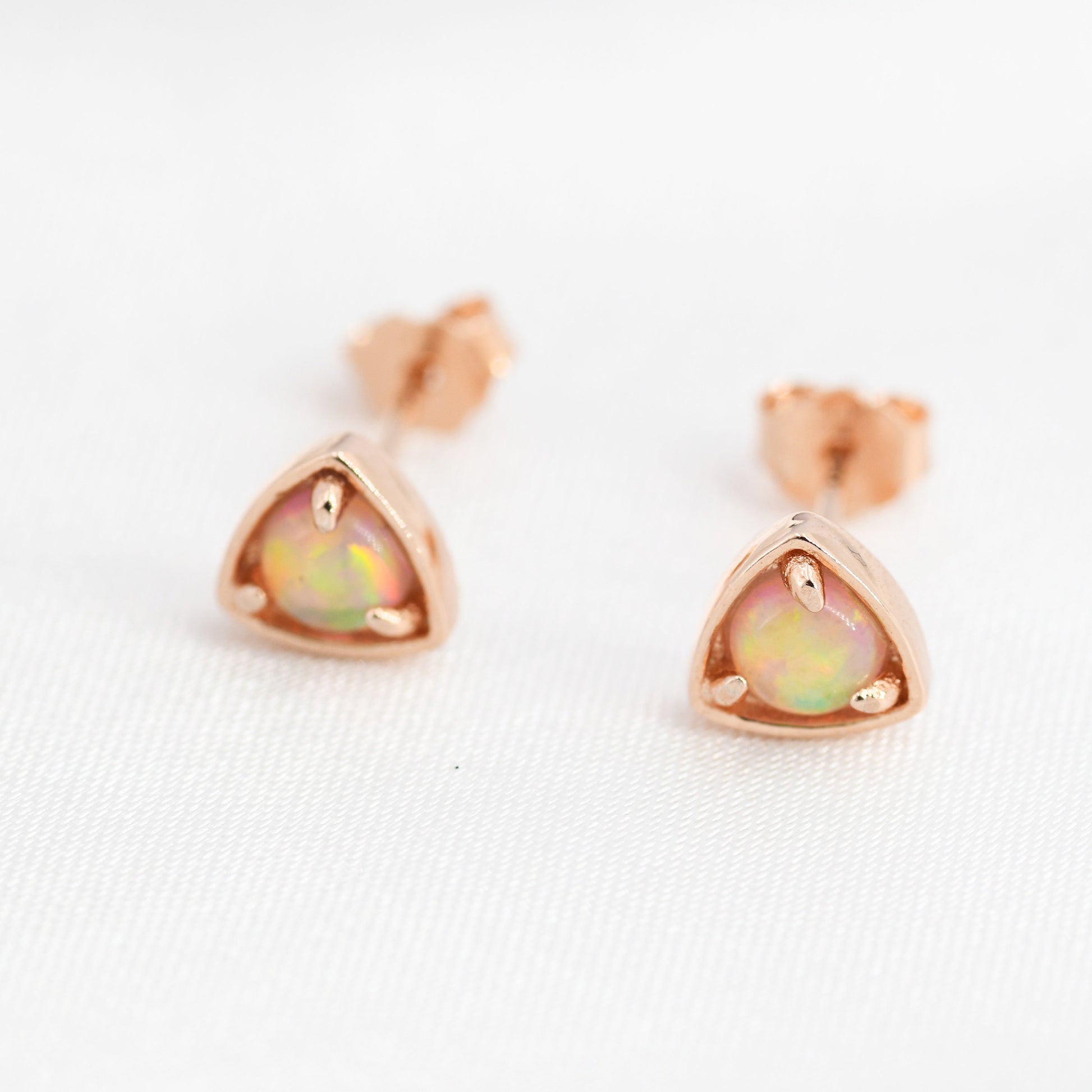Triangle Opal Stud Earrings in Sterling Silver, Silver, Gold or Rose Gold, Opal Triangle Earrings, Stacking Earrings