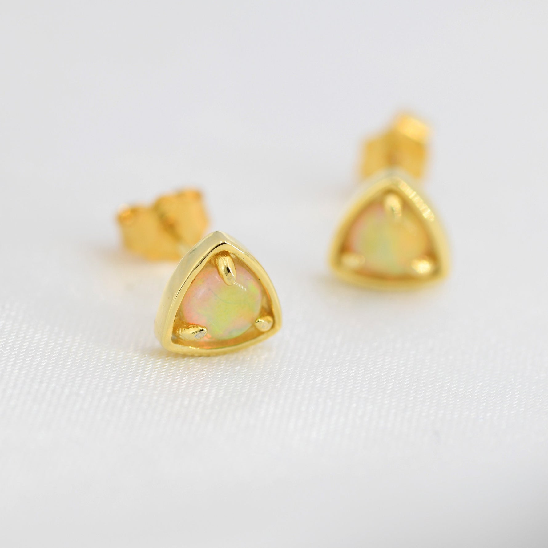 Triangle Opal Stud Earrings in Sterling Silver, Silver, Gold or Rose Gold, Opal Triangle Earrings, Stacking Earrings