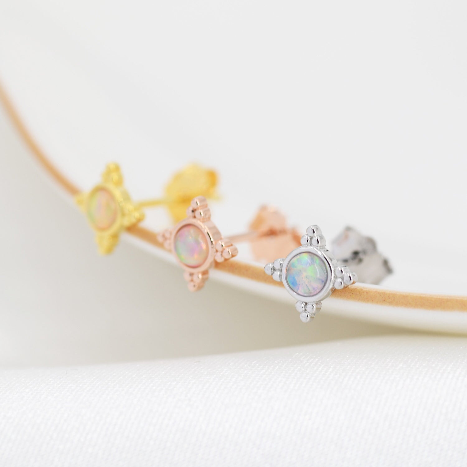 Vintage Inspired Opal Stud Earrings in Sterling Silver, Silver, Gold or Rose Gold, Three Dot Opal Earrings, Stacking Earrings
