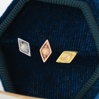 Diamond Shape Opal Stud Earrings in Sterling Silver, Silver, Gold or Rose Gold, Geometry Opal Earrings, Stacking Earrings