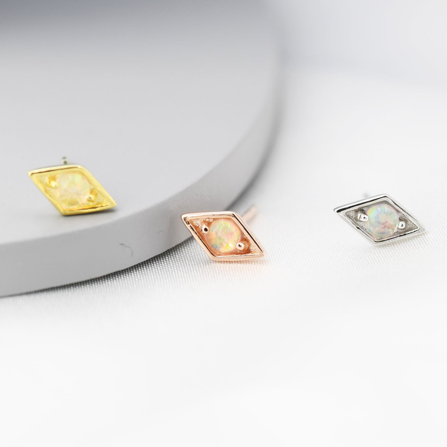 Diamond Shape Opal Stud Earrings in Sterling Silver, Silver, Gold or Rose Gold, Geometry Opal Earrings, Stacking Earrings