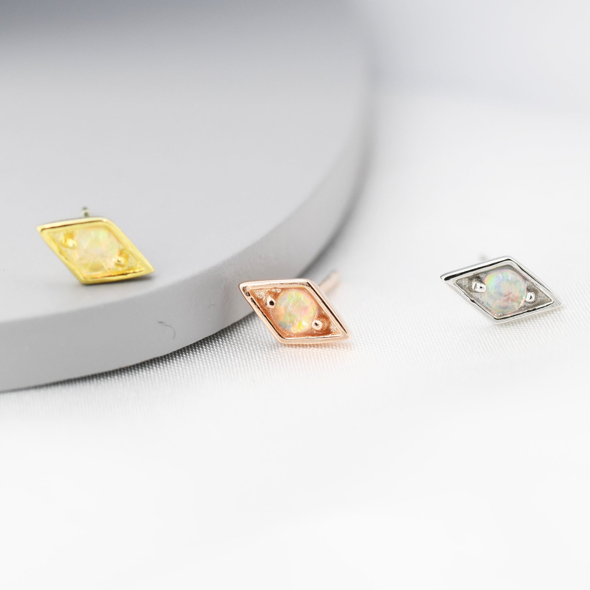 Diamond Shape Opal Stud Earrings in Sterling Silver, Silver, Gold or Rose Gold, Geometry Opal Earrings, Stacking Earrings
