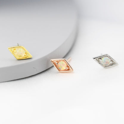 Diamond Shape Opal Stud Earrings in Sterling Silver, Silver, Gold or Rose Gold, Geometry Opal Earrings, Stacking Earrings