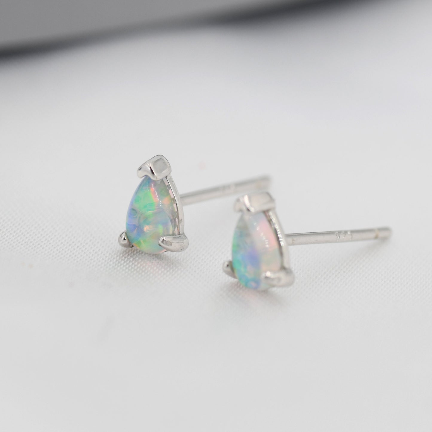 Opal Pear Stud Earrings in Sterling Silver, Silver or Gold, Droplet Opal Earrings, Tiny Opal Earrings