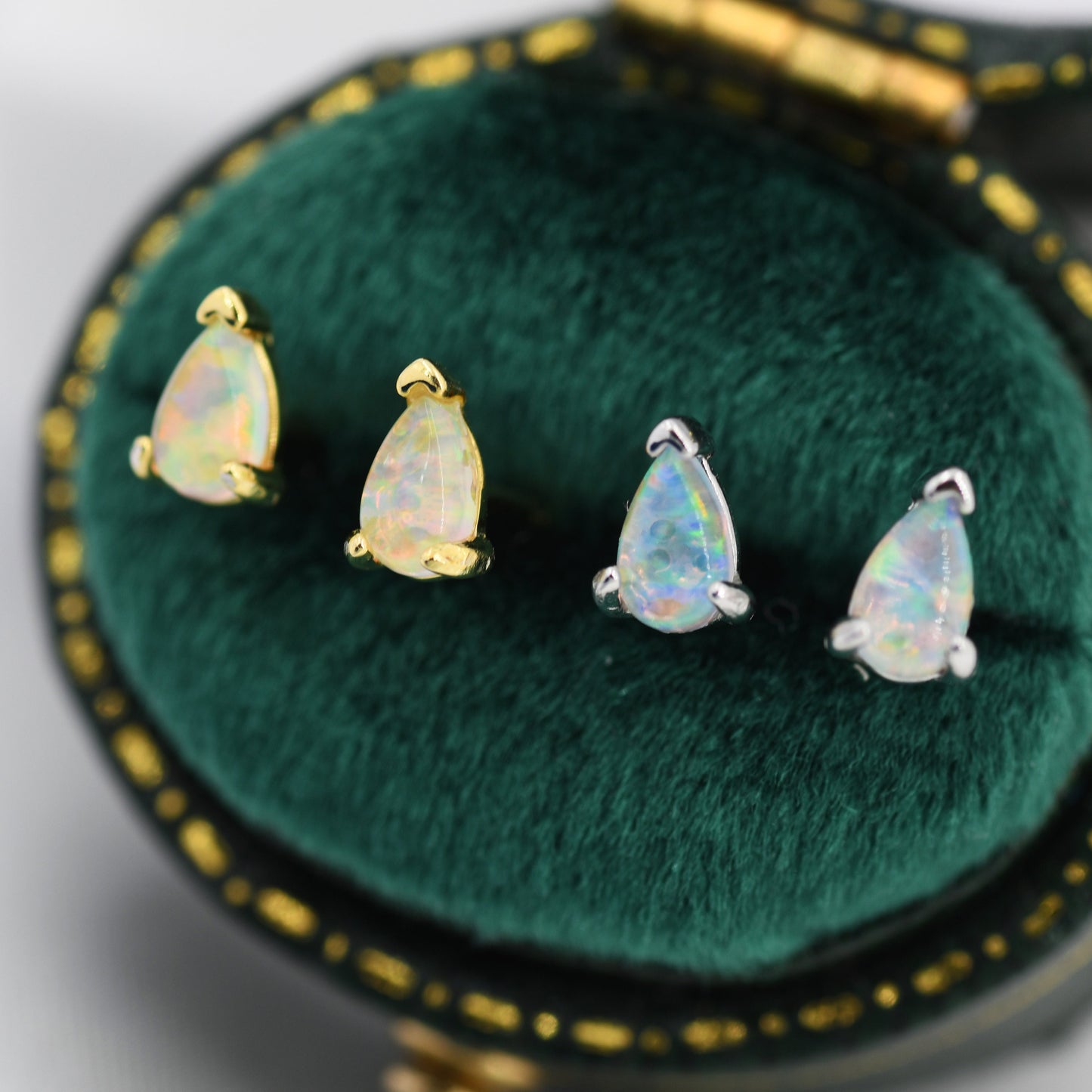 Opal Pear Stud Earrings in Sterling Silver, Silver or Gold, Droplet Opal Earrings, Tiny Opal Earrings