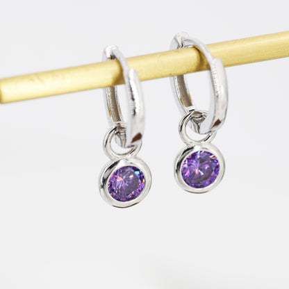 February Birthstone Amethyst Hoop Earrings in Sterling Silver, Detachable Dangle Hoop Earrings, Silver, Gold or Rose Gold, Interchangeable