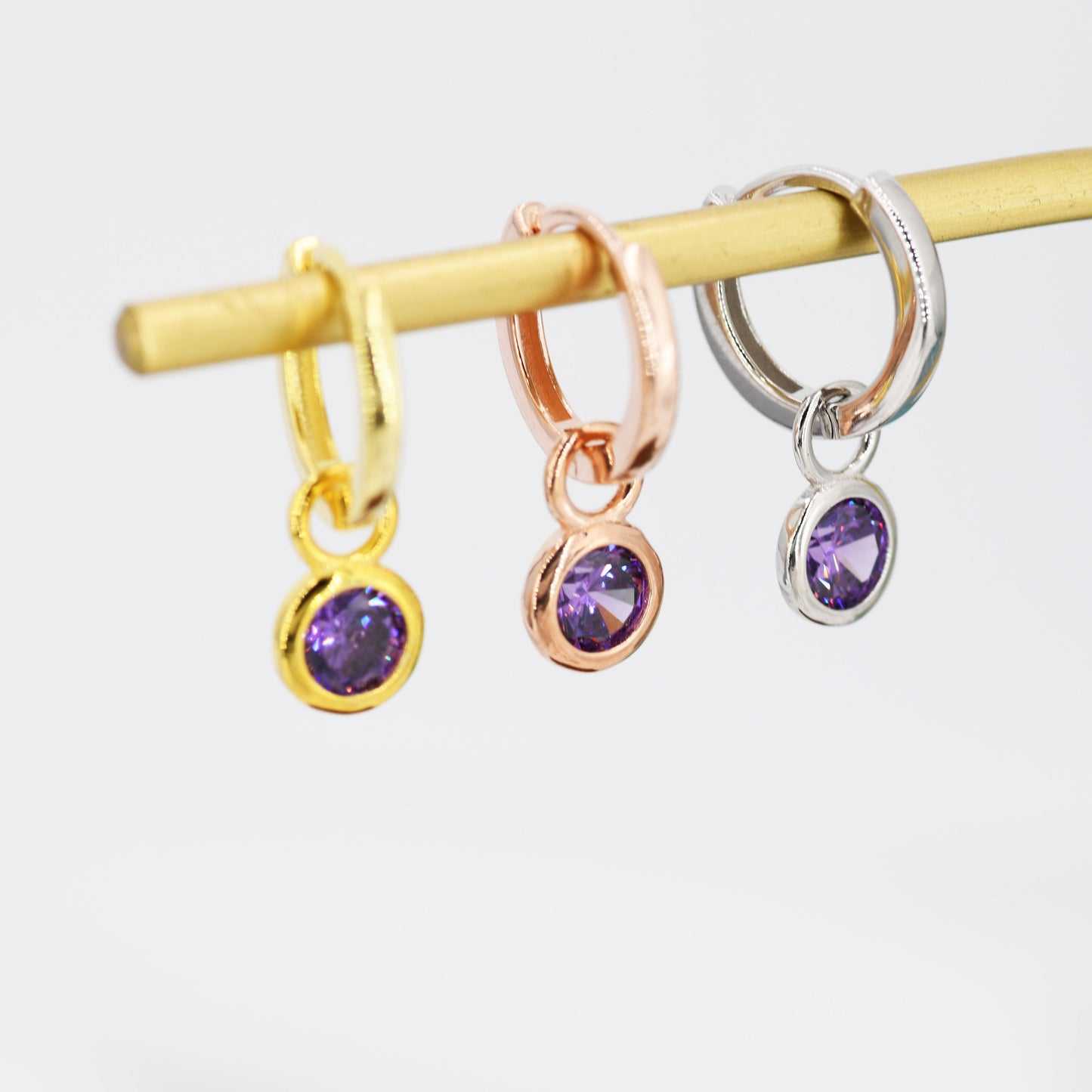 February Birthstone Amethyst Hoop Earrings in Sterling Silver, Detachable Dangle Hoop Earrings, Silver, Gold or Rose Gold, Interchangeable