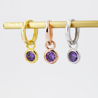 February Birthstone Amethyst Hoop Earrings in Sterling Silver, Detachable Dangle Hoop Earrings, Silver, Gold or Rose Gold, Interchangeable