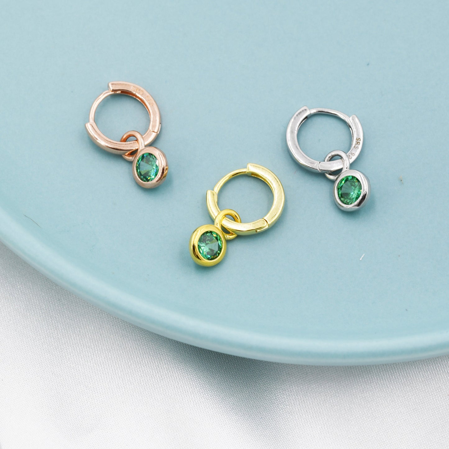 May Birthstone Emerald Green Crystal Drop Hoop Earrings in Sterling Silver, Detachable Dangle Earrings, Silver, Gold, Rose Gold