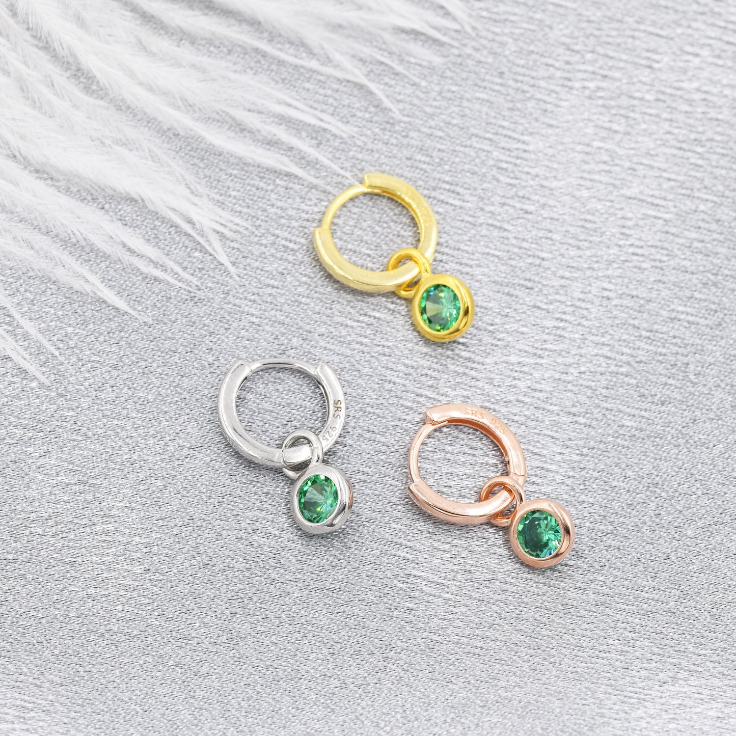 May Birthstone Emerald Green Crystal Drop Hoop Earrings in Sterling Silver, Detachable Dangle Earrings, Silver, Gold, Rose Gold