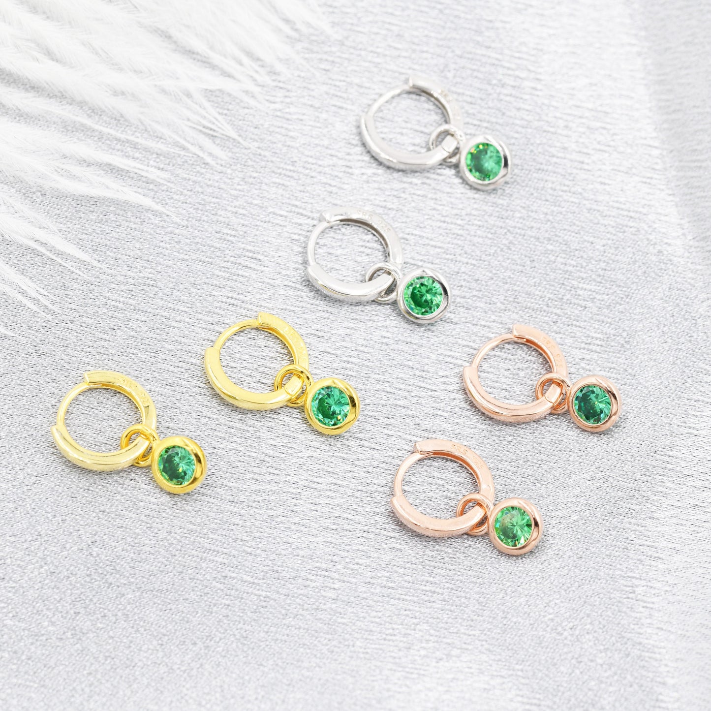 May Birthstone Emerald Green Crystal Drop Hoop Earrings in Sterling Silver, Detachable Dangle Earrings, Silver, Gold, Rose Gold