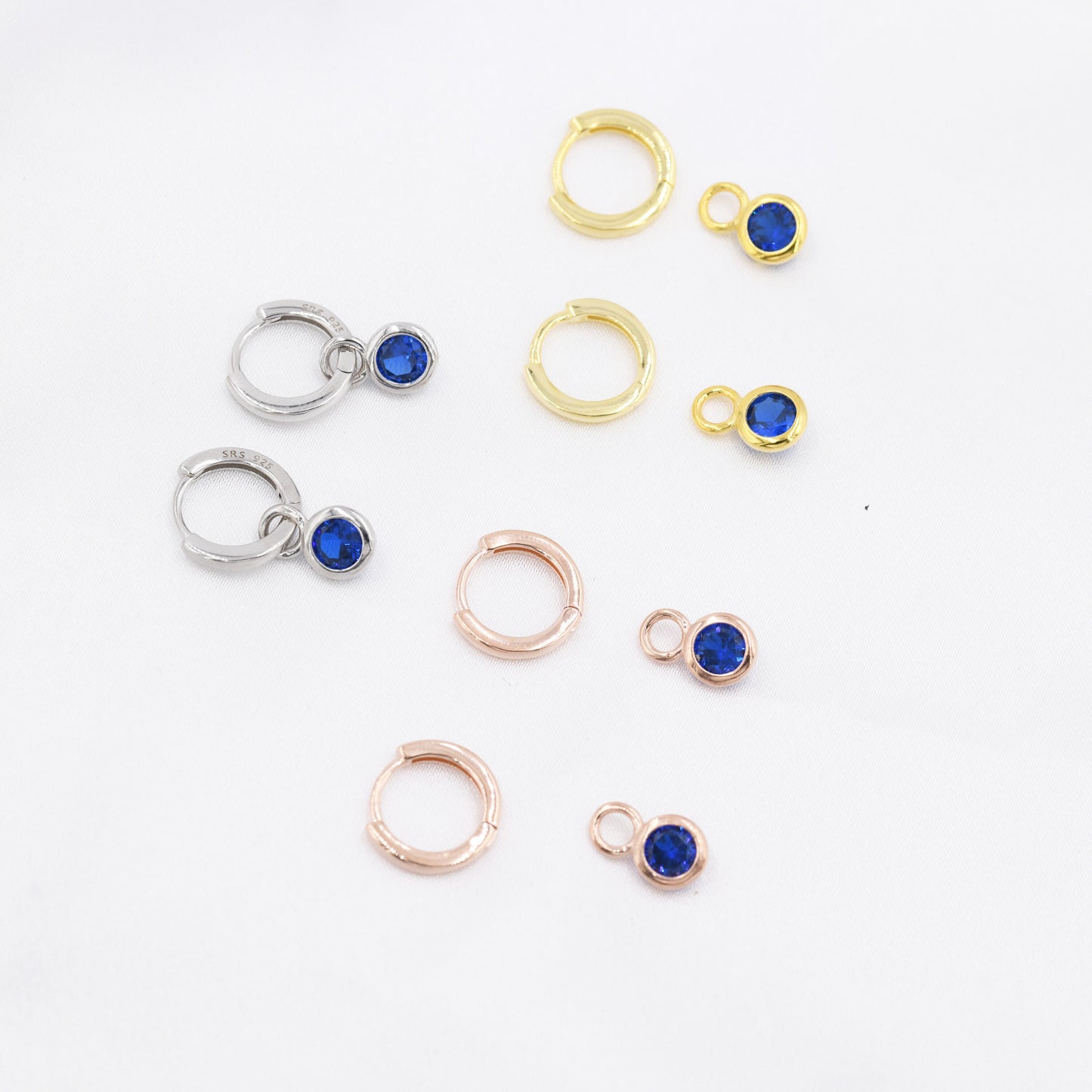 September Birthstone Sapphire Blue Crystal Drop Hoop Earrings in Sterling Silver, Detachable Dangle Earrings, Silver, Gold, Rose Gold