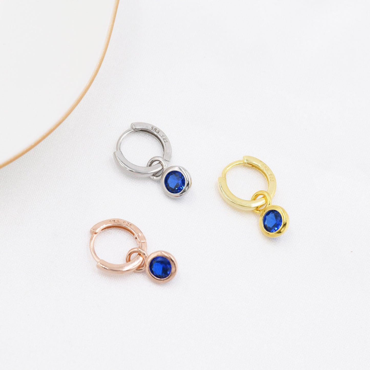 September Birthstone Sapphire Blue Crystal Drop Hoop Earrings in Sterling Silver, Detachable Dangle Earrings, Silver, Gold, Rose Gold
