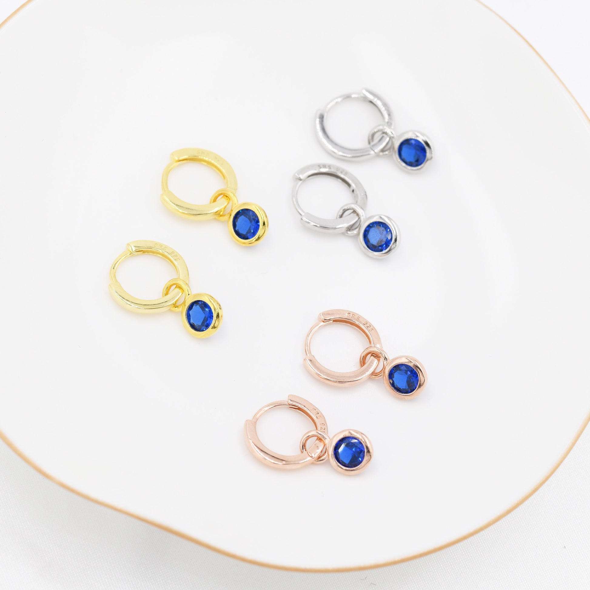 September Birthstone Sapphire Blue Crystal Drop Hoop Earrings in Sterling Silver, Detachable Dangle Earrings, Silver, Gold, Rose Gold