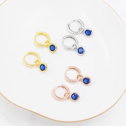 September Birthstone Sapphire Blue Crystal Drop Hoop Earrings in Sterling Silver, Detachable Dangle Earrings, Silver, Gold, Rose Gold