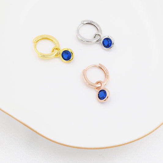 September Birthstone Sapphire Blue Crystal Drop Hoop Earrings in Sterling Silver, Detachable Dangle Earrings, Silver, Gold, Rose Gold