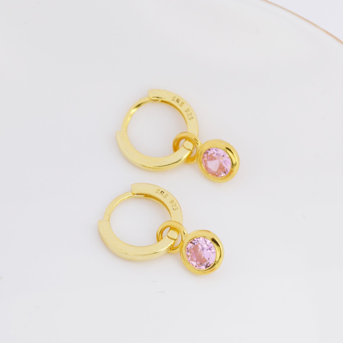 October Birthstone Tourmaline Pink Crystal Drop Hoop Earrings in Sterling Silver, Detachable Dangle Earrings, Silver, Gold, Rose Gold