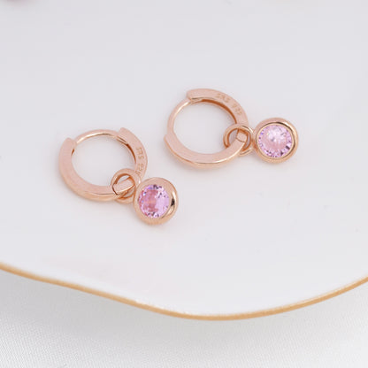 October Birthstone Tourmaline Pink Crystal Drop Hoop Earrings in Sterling Silver, Detachable Dangle Earrings, Silver, Gold, Rose Gold