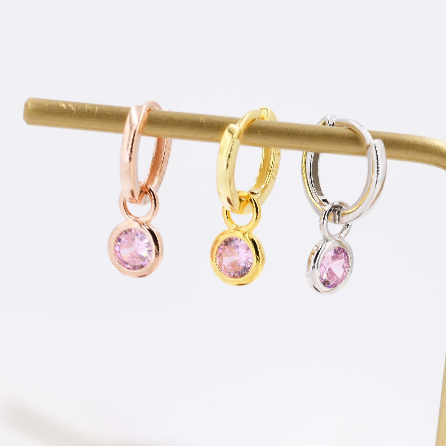 October Birthstone Tourmaline Pink Crystal Drop Hoop Earrings in Sterling Silver, Detachable Dangle Earrings, Silver, Gold, Rose Gold