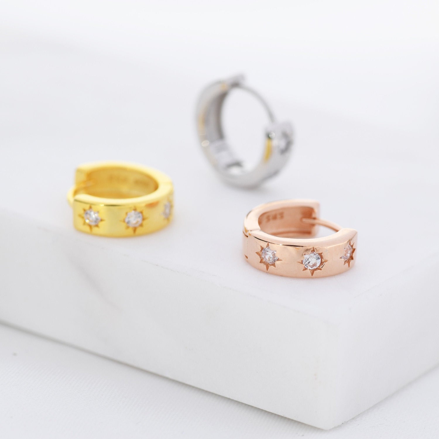 Sterling Silver Starburst CZ Hoop Earrings, Silver, Gold, Rose Gold, 4mm Thick Hoops, Star CZ Hoops