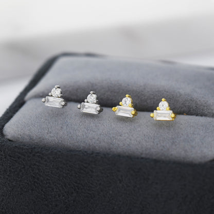 Baguette and Round CZ Stud Earrings in Sterling Silver, Silver or Gold, Geometric CZ Cluster Earrings, Stacking Earrings