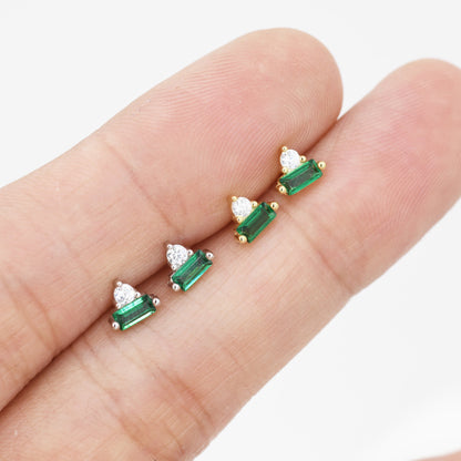 Emerald Green Baguette and Round CZ Stud Earrings in Sterling Silver, Silver or Gold, Geometric CZ Cluster Earrings, Stacking Earrings