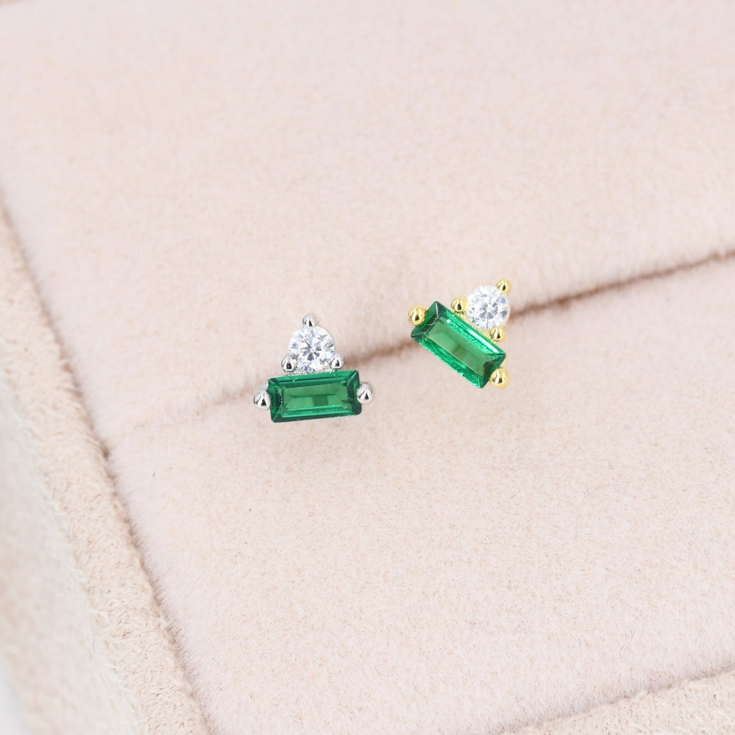 Emerald Green Baguette and Round CZ Stud Earrings in Sterling Silver, Silver or Gold, Geometric CZ Cluster Earrings, Stacking Earrings