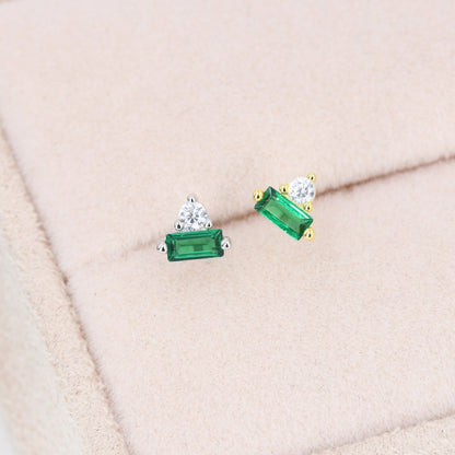 Emerald Green Baguette and Round CZ Stud Earrings in Sterling Silver, Silver or Gold, Geometric CZ Cluster Earrings, Stacking Earrings