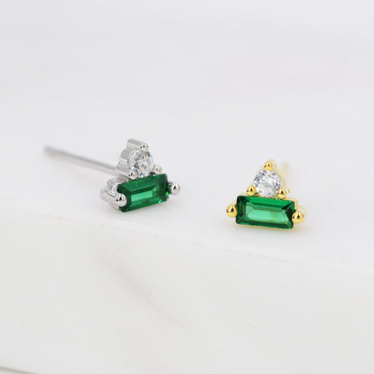 Emerald Green Baguette and Round CZ Stud Earrings in Sterling Silver, Silver or Gold, Geometric CZ Cluster Earrings, Stacking Earrings