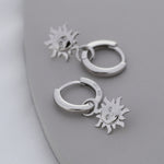 Dangling Sun with Face Hoop in Sterling Silver, Silver or Gold, Sun Face Earrings, Detachable and Interchangeable
