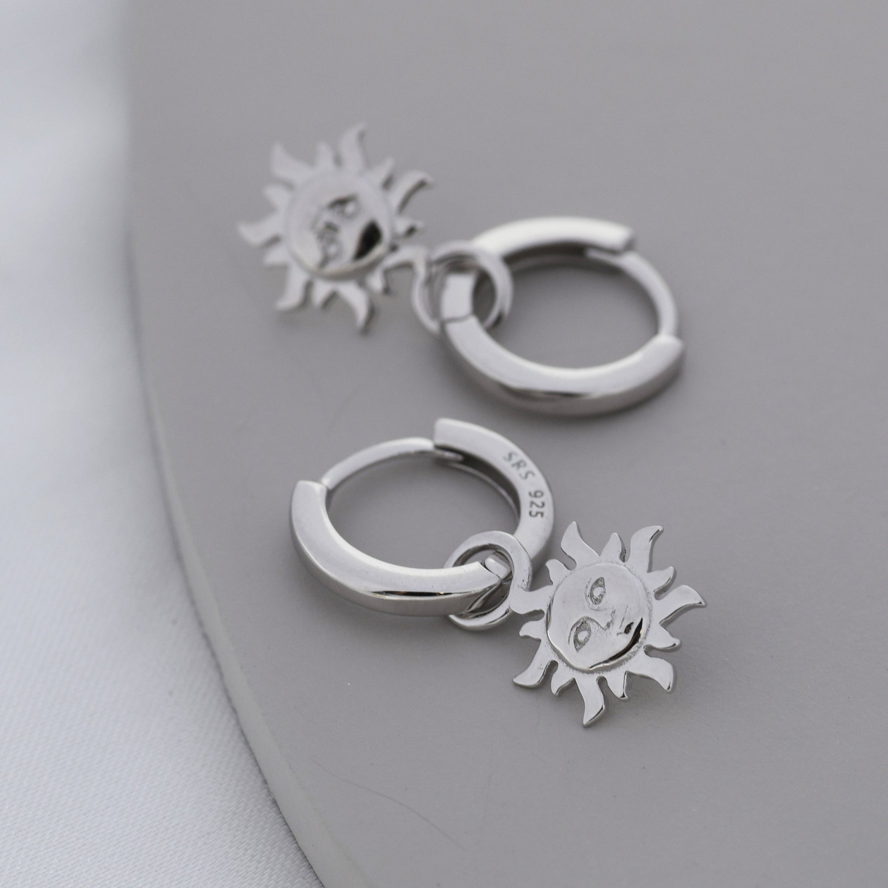 Dangling Sun with Face Hoop in Sterling Silver, Silver or Gold, Sun Face Earrings, Detachable and Interchangeable
