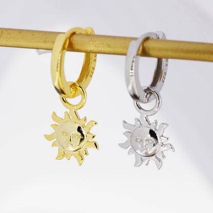 Dangling Sun with Face Hoop in Sterling Silver, Silver or Gold, Sun Face Earrings, Detachable and Interchangeable