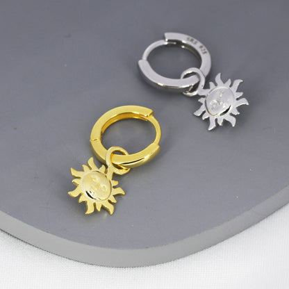 Dangling Sun with Face Hoop in Sterling Silver, Silver or Gold, Sun Face Earrings, Detachable and Interchangeable